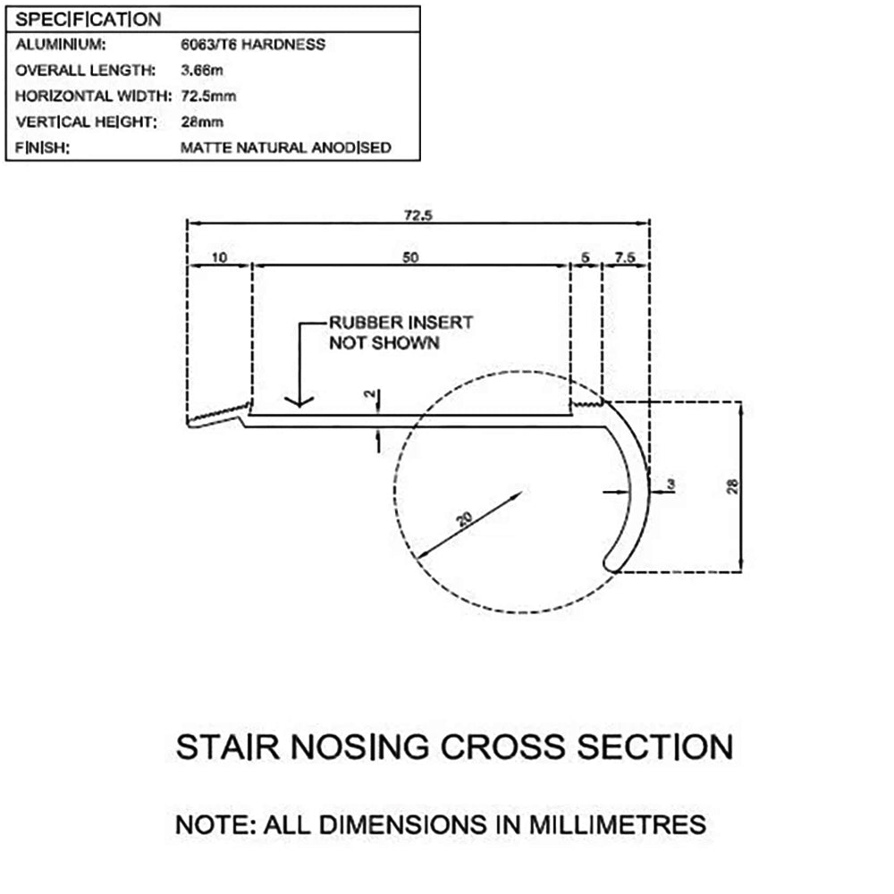 Non Slip Anodised Aluminium Stair Nosing Edge Trim Step Nosing Anti Slip 1.2m Length Rubber Insert